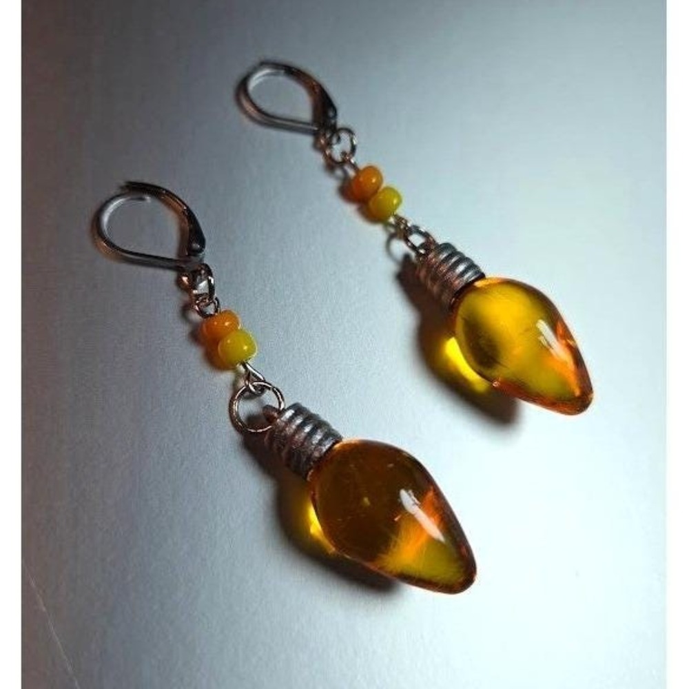 Handmade Earrings Yellow Christmas Lights Dangle Leverback Silver tone Holiday